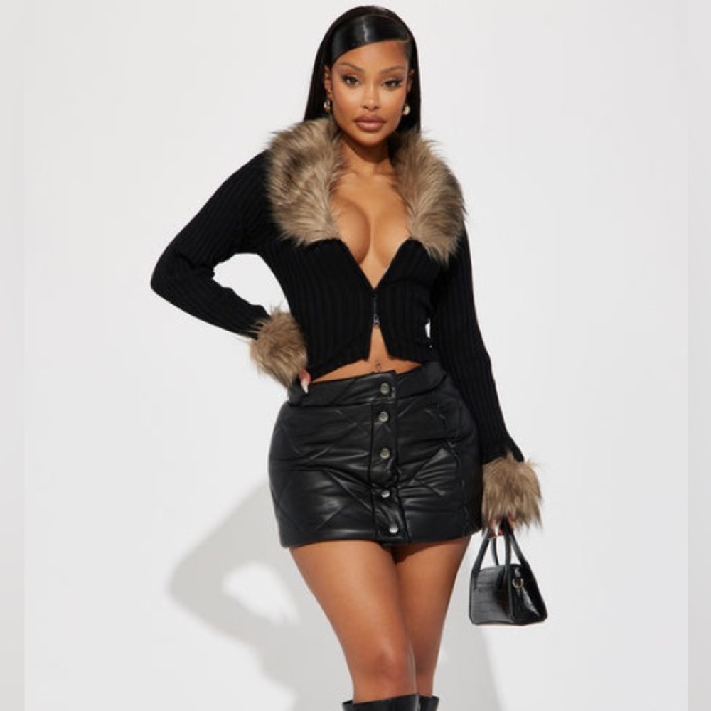 Fashion Nova Cardigan Furever Feeling Faux Fur Cropped Cardigan- Black/combo - M